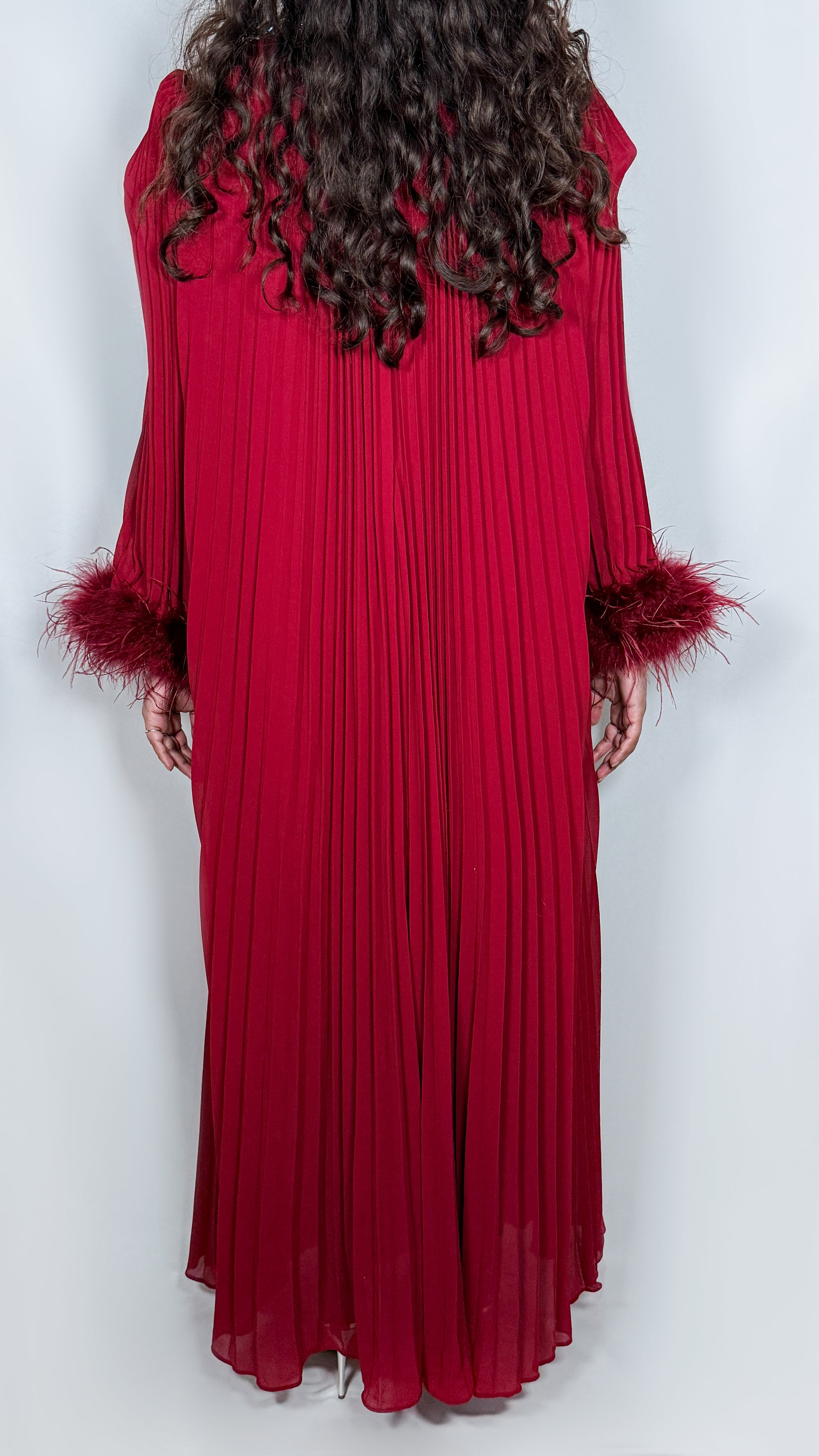 red dress with fluffy trim Scarlett Red Silk Satin Backless Dress With Feather Trim